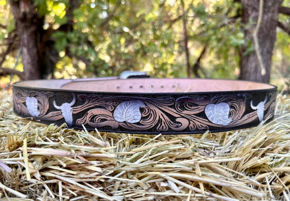Black Leather Custom Design Belt Hand Tooled Black Leather Belt: Western Native Design  main image 4