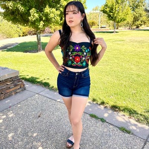 Floral Embroidered Crop Top Mexican Top Embroidered Black Crop Top Blue Women’s Shirt Embroidered Top Birthday Gift for Her