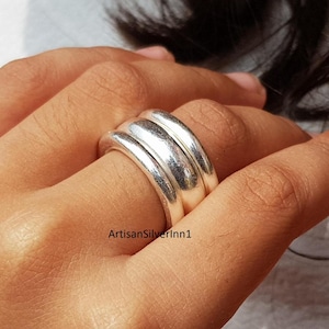 Handmade Sterling Silver Triple Band Ring: Chunky Dome, Adjustable