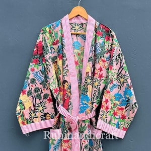 Bridesmaids Robes, 100% Cotton Kimono With Belt, Summer Robes, Unisex Bathrobe, Bikini Cover Up, Floral Print Robe, Women&#39;s Sleepwear Gown,