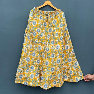 100% Cotton Hand Block Print Skirts, Handmade Summer Women&#39;s Skirt Dress, Boho Hippie Style, Long Maxi Skirt, A-Line Elastic Waist Skirt,