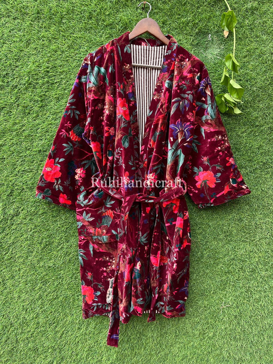 Fancy House Robe Luxury Velvet House Robe, Birds Printed Velvet Kimono, Elegant Boho ...