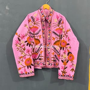 Indian Suzani Cotton Embroidery Jacket Handmade Women Wear Coat Floral Party Wear Beautiful Coat Christmas Gift,