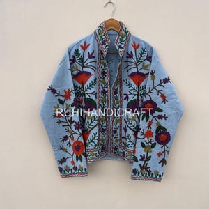 Indian Suzani Cotton Embroidery Women  Jacket Coat Handmade , women coat, Suzani short Jacket, gift for her,