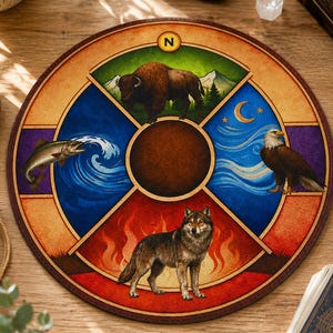 May include: A circular mat featuring a four-quadrant design with a central brown circle. The quadrants display a brown bison, a leaping fish in blue water, a bald eagle with a crescent moon, and a gray wolf standing against orange flames.