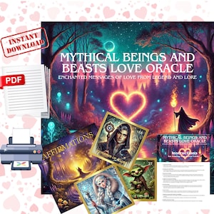 ESSERI E BESTIE MITICI Oracolo dell'amore / Mazzo di carte digitali romantiche / Pacchetto ispirato ai tarocchi stampabile e stravagante con guida