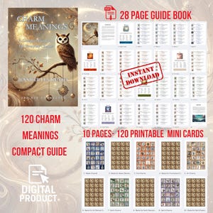 May include: A digital product featuring a guide book and mini cards. The cover of the guide book has an owl perched on a branch with the text "Charm Meanings" and "Jennifer Learknight". The mini cards are organized by element.