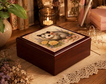 Boîte à bijoux Possum Cottagecore : coffret à bijoux rose jaune