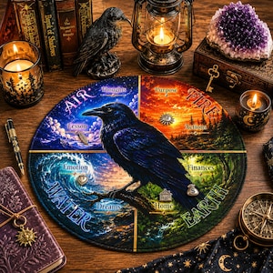 Peut inclure: Un tapis circulaire présentant un corbeau noir central perché sur une branche, divisé en quatre quadrants représentant l'Air, le Feu, l'Eau et la Terre. Chaque section inclut des étiquettes thématiques comme Thoughts, Purpose, Actions, Emotion, Finances, Dreams et Home.