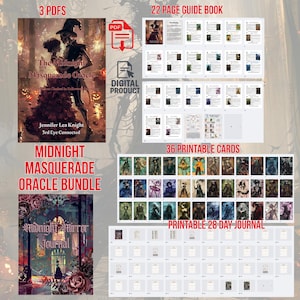 May include: The Midnight Masquerade Oracle Bundle includes 3 PDFs, a 22-page guide book, 36 printable cards, and a printable 28-day journal. The bundle features a gothic theme with illustrations and the text "Midnight Masquerade Oracle Bundle".