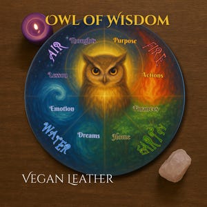 OWL WHEEL of WISDOM | Elemental Charm Casting Mat | Vegan Leather Divination Tool |8-Segment Layout for Intuitive Readings
