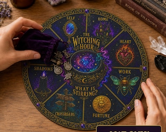 May include: A circular dark blue and purple mat featuring the text The Witching Hour and What Is Stirring, divided into sections labeled Self, Home, Heart, Work, Fortune, Crossroads, and Shadows, with illustrations of a mirror, house, heart, bee, sun, signpost, and candle.