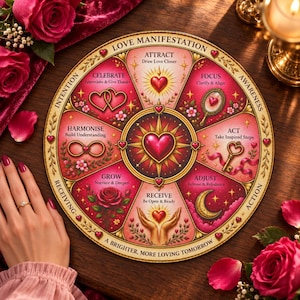 Könnte beinhalten: Ein kreisförmiges Liebesmanifestations-Diagramm mit einem zentralen Herz und acht Segmenten mit Texten wie Attract, Focus, Act, Adjust, Receive, Grow, Harmonise und Celebrate. Das Design enthält Symbole wie Schlüssel, Spiegel und Hände.