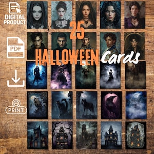 Könnte beinhalten: Ein digitales Produkt mit 25 Halloween-Karten. Die Karten zeigen Porträts und gotische Illustrationen von Burgen, Raben und Wölfen. Die Karten sind als PDF verfügbar und können gedruckt werden.