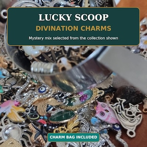 May include: A metal scoop filled with a variety of small metal charms, including an owl, evil eye, and star shapes. The image features text that reads LUCKY SCOOP DIVINATION CHARMS, Mystery mix selected from the collection shown, and CHARM BAG INCLUDED.