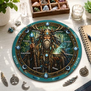 May include: A teal round mat featuring a detailed illustration of a wise elder with a long white beard, holding a staff and a bowl. The design includes text such as "Thoughts", "Purpose", "Emotions", and "Dreams". Decorative charms surround the mat.