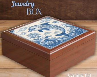Blue Dolphin Jewelry Box | Chinoiserie Trinket Box | Ocean Decor Gift