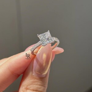 Anillo de compromiso con diamantes de talla princesa pavé francés, platino, oro de 14 quilates, diamante cultivado en laboratorio de 2 quilates, increíble anillo brillante, regalo de aniversario