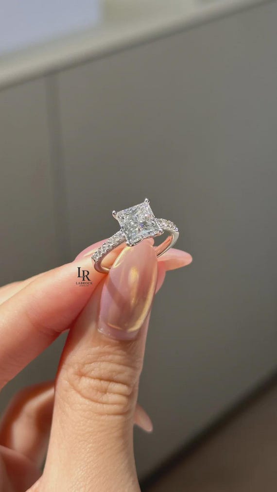 Half French Pave Princess Cut Diamond Engagement Ring, Platinum