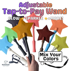 May include: A collection of star-shaped wands in various colors, including blue, green, orange, and yellow. Each wand has a black handle and the text "Adjustable Tap-to-Pay Wand" is displayed at the top. The text "Mix Your Colors" is also visible.
