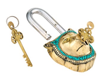 Lion Mosaic Padlock with Golden Wings – Handmade Brass Decor, Collectible Gift