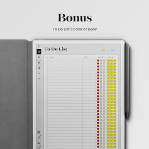 May include: A white digital notepad with a to-do list template. The template includes columns for task, due date, priority, and progress. The notepad has a black stylus next to it.