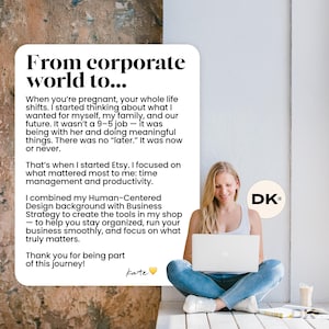 May include: A woman sits cross-legged, using a laptop. Text on a white background reads "From corporate world to..." and describes a shift to Etsy for time management tools. The image includes the text "Thank you for being part of this journey!"