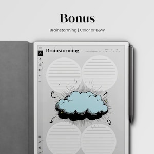May include: A digital planner with a brainstorming page. The page has three circles with lines for writing and a comic book style cloud with stars around it. The text "Brainstorming" is at the top of the page.