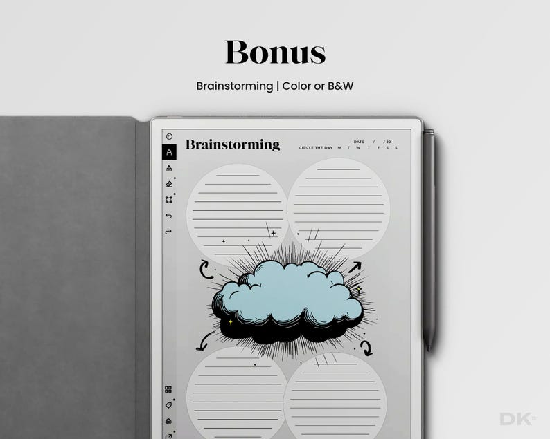 May include: A digital planner with a brainstorming page. The page has three circles with lines for writing and a comic book style cloud with stars around it. The text "Brainstorming" is at the top of the page.