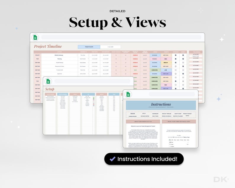 Colour-coded project dashboard showing completion percentages and charts that update automatically, a clear overview for tracking multiple small business projects at a glance.