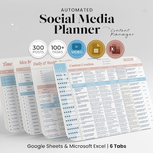 May include: An automated social media planner with the text "Social Media Planner" and "Content Manager". The planner includes tabs for time, idea brainstorming, daily and weekly tasks, and content creation. It is designed for Google Sheets and Microsoft Excel, with 6 tabs.