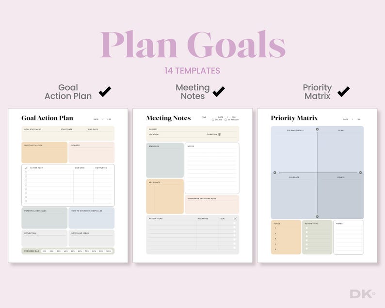 Digital Planner PDF Productivity Planner Download Work From Home Time Management System Gift for Coworker Meeting Note Template Student