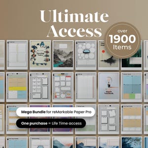 May include: A digital collection of planner templates for reMarkable Paper Pro, featuring over 1900 items. The display shows various grid layouts, meeting notes, and artistic covers with text including Ultimate Access, Mega Bundle, and One purchase = Life Time access.