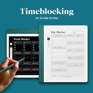 May include: A digital planner app for Kindle Scribe, showing a weekly and daily time blocking template. The app allows users to schedule their day and week with time blocks for different tasks and activities. The app also includes a section for notes and a section for reflecting on the day.