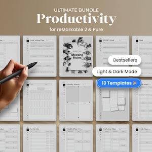 Puede incluir: Un paquete de productividad digital para tabletas reMarkable 2 y Pure, que incluye 13 plantillas como planes diarios, planes de acción, notas de reuniones, matrices de prioridad y mapas de tareas con opciones de modo claro y oscuro.