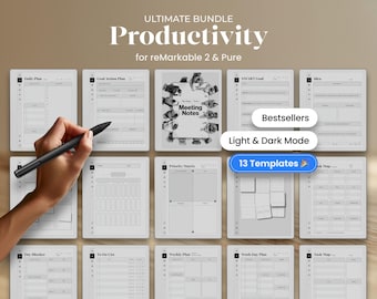 May include: A digital productivity bundle for reMarkable 2 and Pure featuring 13 templates including daily plans, goal action plans, meeting notes, SMART goals, priority matrices, and task maps. The set includes light and dark mode options.