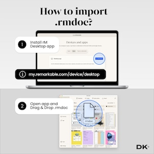 Puede incluir: Una pantalla de port&aacute;til muestra instrucciones sobre c&oacute;mo importar archivos .rmdoc. Los pasos incluyen la instalaci&oacute;n de la aplicaci&oacute;n rM Desktop y arrastrar y soltar el archivo. Tambi&eacute;n se muestra el sitio web my.remarkable.com/device/desktop.