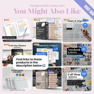 May include: A digital product collage featuring a Work Day Planner, Podcast Agency bundle, Shapes & Diagrams, Productivity Widgets, Notebook Covers, Social Media Checklist, Social Media Manager kit, and Full Shop Access with text overlays.