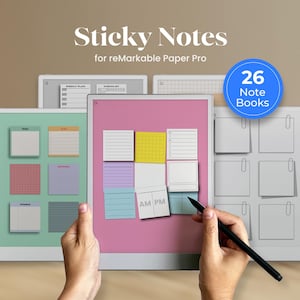 Puede incluir: Una tableta digital que muestra una pantalla rosa con varias plantillas de notas adhesivas de colores, incluyendo diseños rayados, cuadriculados y AM/PM. El texto Sticky Notes for reMarkable Paper Pro y 26 Note Books es visible. Se sostiene un lápiz óptico negro.