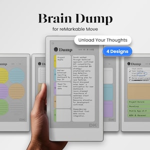 May include: A digital tablet displaying a "Brain Dump" interface with the text "Unload Your Thoughts" and "4 Designs." The tablet shows notes and lists, with colorful circular highlights. The background is white.