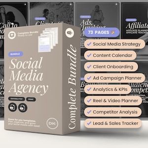 Może przedstawiać: Zestaw cyfrowych produktów w kolorze beżowym i brązowym dla agencji social media. Zestaw zawiera 73 strony szablonów i planów dla strategii social media, kalendarza treści, integracji klientów, planowania kampanii reklamowych, analizy i wskaźników KPI, planowania filmów i rolek, analizy konkurencji oraz śledzenia potencjalnych klientów i sprzedaży. Zestaw jest oznaczony jako "Complete Bundle" i "Social Media Agency".