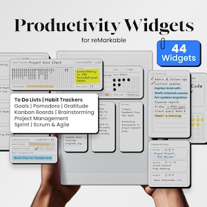 Pode incluir: Um tablet digital exibindo widgets de produtividade para reMarkable. Os widgets incluem listas de tarefas, rastreadores de h&aacute;bitos e ferramentas de bloqueio de tempo. A imagem tamb&eacute;m mostra um quadrado azul com o texto "44 Widgets".