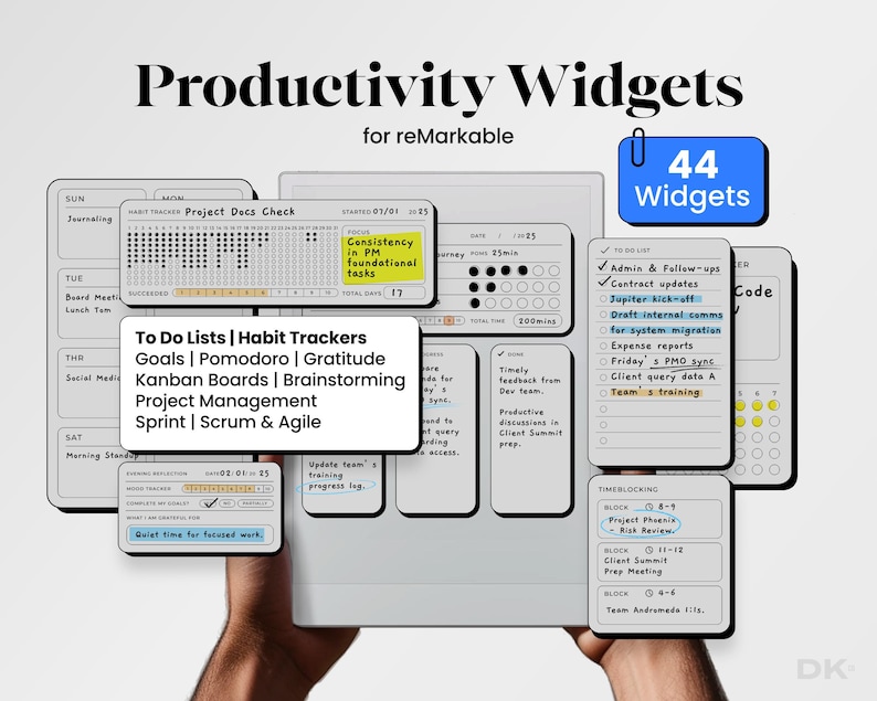 Pode incluir: Um tablet digital exibindo widgets de produtividade para reMarkable. Os widgets incluem listas de tarefas, rastreadores de h&aacute;bitos e ferramentas de bloqueio de tempo. A imagem tamb&eacute;m mostra um quadrado azul com o texto "44 Widgets".