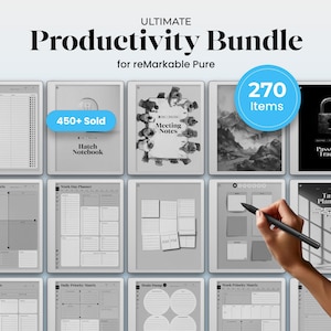 May include: A digital productivity bundle for reMarkable Pure featuring 270 items, including templates for call logs, meeting notes, password trackers, priority matrices, work day planners, and task planners displayed on multiple tablet screens.