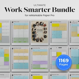Puede incluir: Una colección de 1169 páginas imprimibles para la tableta reMarkable Paper Pro. Las páginas están organizadas en categorías como Matriz de Prioridad Diaria, Mapa de Tareas Semanal, Plan de Acción Eficaz, Matriz de Prioridad del Trabajo, Notas de Reunión, Matriz de Prioridad, Planificación de Metas SMART, Mapa de Tareas Mensual, Mapa de Tareas Anual y Metas Trimestrales.