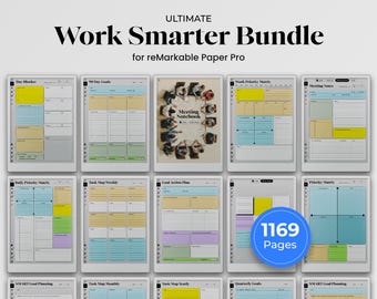May include: A digital planner bundle titled Ultimate Work Smarter Bundle for reMarkable Paper Pro, featuring 1169 pages of templates including Day Blocker, 90 Day Goals, Meeting Notebook, Work Priority Matrix, and various task and goal planners.