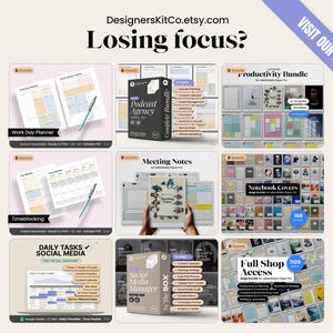 Puede incluir: Imagen promocional que muestra varios productos de planificaci&oacute;n digital. La imagen presenta una cuadr&iacute;cula de maquetas de productos, incluidos planificadores, paquetes y plantillas. El texto incluye "Work Day Planner", "Podcast Agency" y "Notebook Covers". Tambi&eacute;n se ve el sitio web DesignersKitCo.etsy.com.
