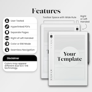 Pode incluir: Dois tablets digitais brancos com uma caneta, apresentando "Your Template". A imagem destaca recursos como "User Tested", "Hyperlinked PDFs" e "Color or BW Mode". A palavra "Features" est&aacute; no topo da imagem.