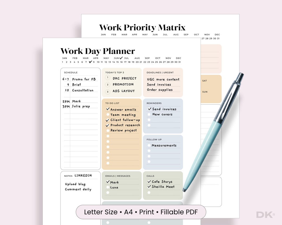 ADHD Work Day Planner Template, Task Management (fillable PDF ...