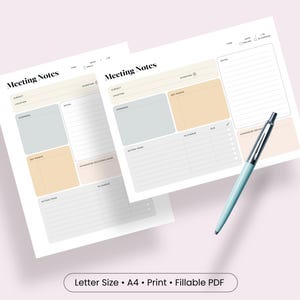 Plantilla de notas de reunión en PDF para descargar. Planificador de agenda para reuniones de equipo remotas. Organizador de seguimiento de reuniones para empresas. Suministros de oficina. Descarga digital.